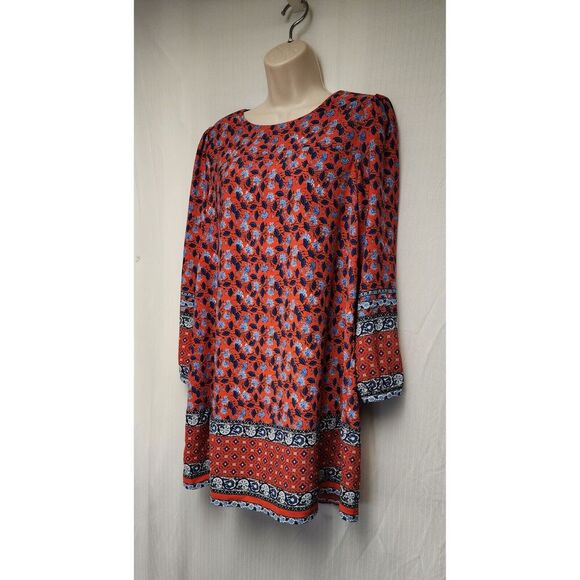 LOFT BORDER FLORAL ROUND NECK BALLOON SLEEVES LENGTH DRESS SIZE MP MULTI RED - Picture 5 of 9